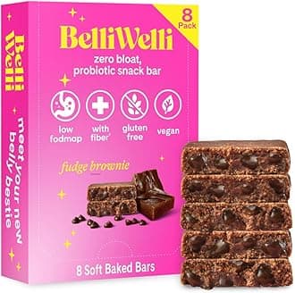 Belliwelli Soft Baked Probiotic Snack Bars | Gluten-Free, Dairy-Free, Vegan, Low-FODMAP | High-Fiber, Healthy & Tasty | Fudge Brownie (8 Pack)