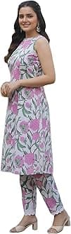 GRECIILOOKS Women’s Rayon Straight Printed Kurta with Pant Set | Sleeveless Ethnic Wear | Comfortable Two Piece Outfit for Office, Casual & Daily Use