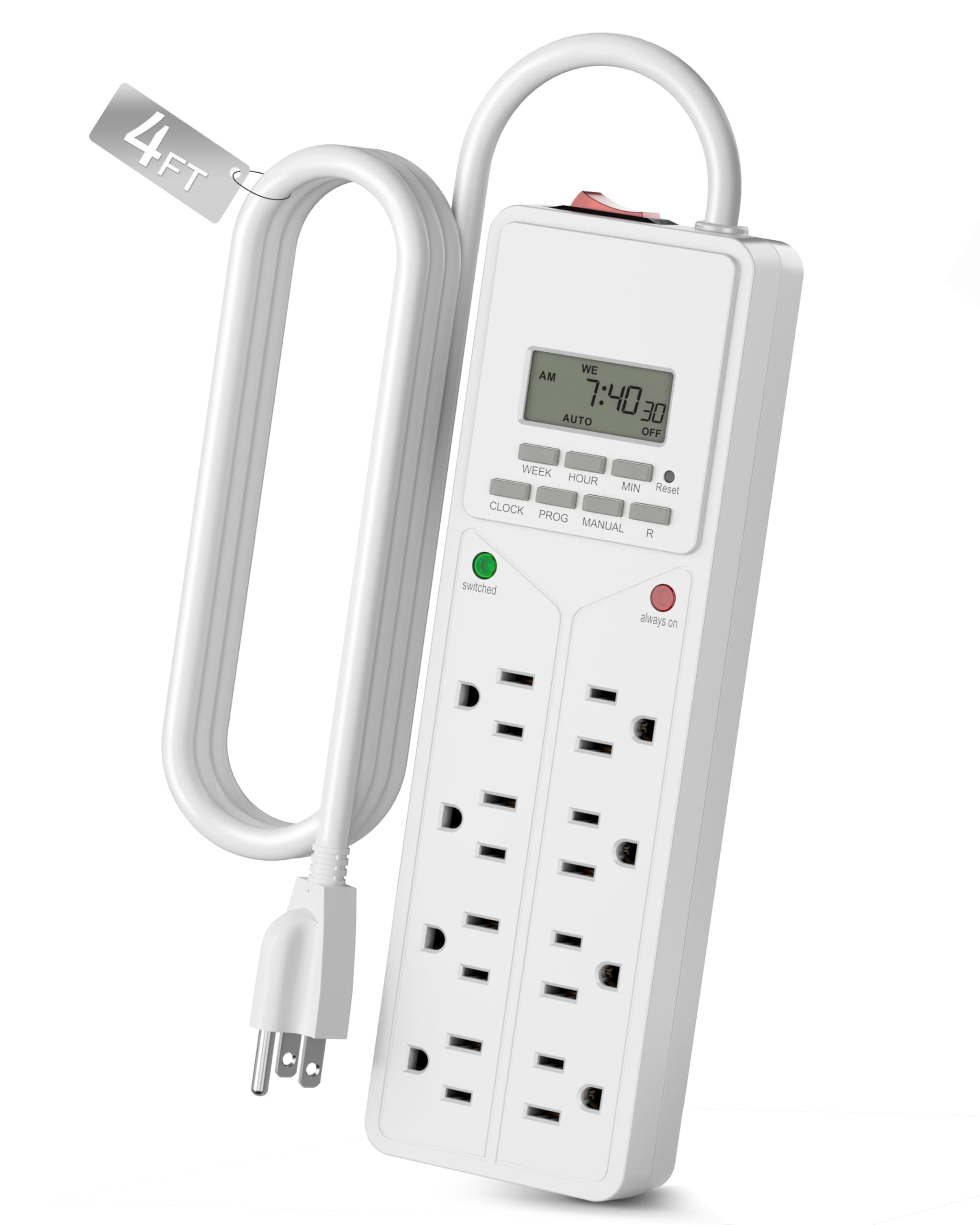 8 Outlet Surge Protector with 7-Day Digital Timer (4 Outlets Timed, 4 Outlets Always On) - White