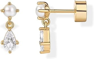 14K Gold Plated Sentimental Dangle Flat Back Earrings for Women | Helix and Cartilage Pearl Cluster Triangle Lotus Pear Marquise Cubic Zirconia Screw Back Earring Pair