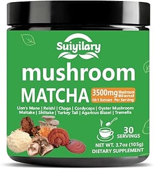 Suiyilary 10 Mushroom Matcha Powder with Lion's Mane, Reishi, Mushroom Polysaccharides & More, Japanese Ceremonial Matcha for Focus, Energy, Immunity Boost, Memory - 30 Serving