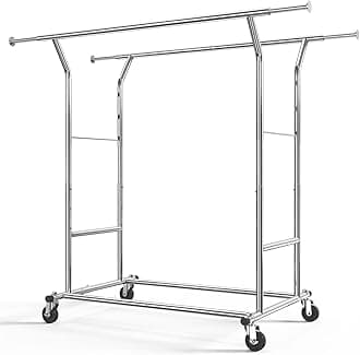 HOKEEPER 400 lbs Load Capacity Commercial Grade Clothing Garment Racks Heavy Duty Double Rails Adjustable Collapsible Rolling Clothes Rack on Wheels, Chrome Finish