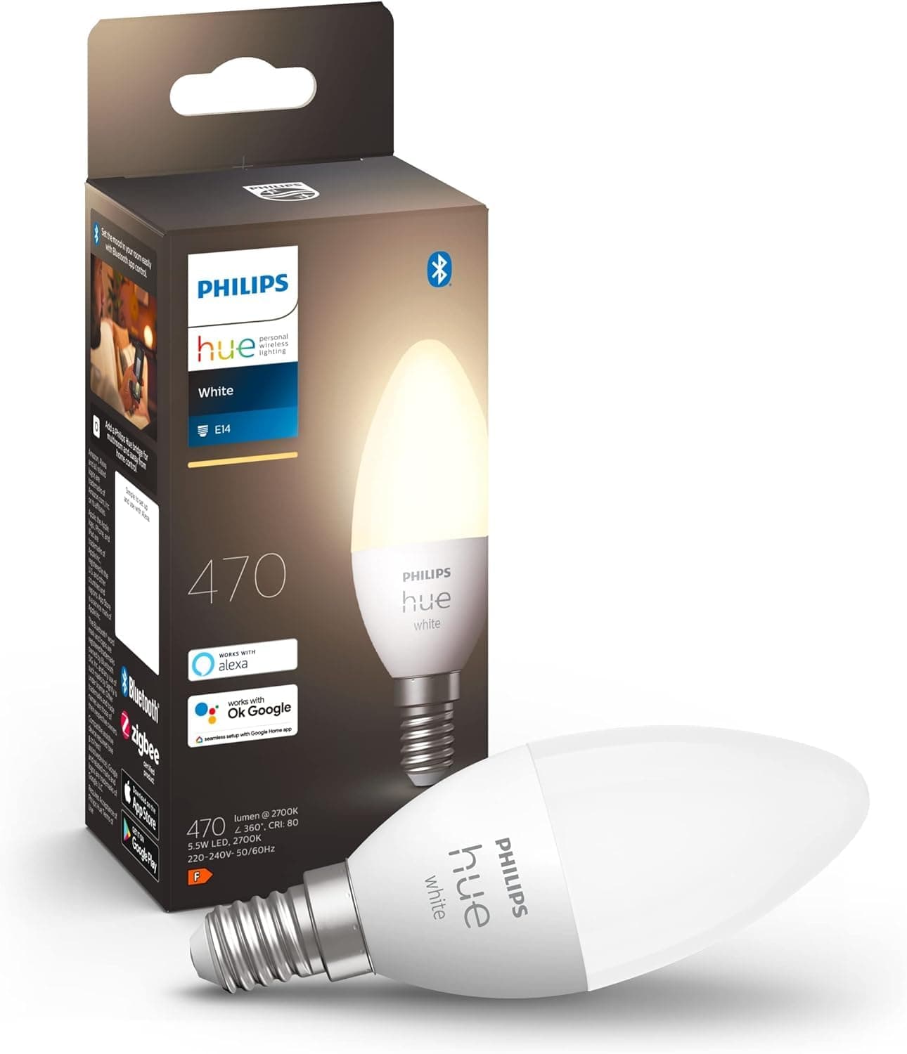 Philips Hue White Smart Light Bulb Candle 470 Lumen [E14 Small Edison Screw] with Bluetooth. Works with Alexa, Google Assistant, Apple Homekit