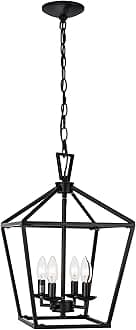 Untrammelife 4 Lights Black Lantern Pendant Light, Adjustable Height Square Cage Pendant Hanging Lighting Fixture 28cm Rustic Lantern Chandelier for Dining Room Kitchen Island Foyer