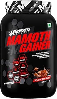 Bigmuscles Nutrition Mamoth Gainer Powder [Belgian Chocolate, 1Kg] | High Protein Muscle Mass & Weight Gainer | With Vitamins & Minerals, Creatine & Digestive Enzymes