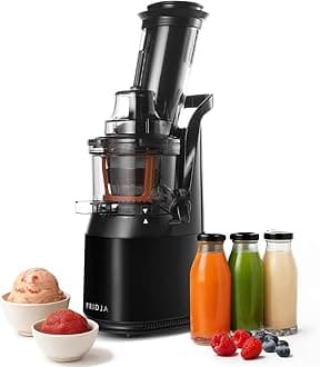 Fridja f1900 Cold Press Juicer, 240W Masticating Slow Juicer with 78mm (3”) BPA-Free Wide Chute, Black Stainless Steel body, Juice, Vegan Nut Milks, Sorbet, Ice Cream, Easy to Clean