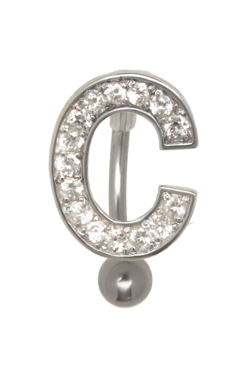 925 Sterling Silver Letter C Crystal Belly Button Stud Surgical Steel