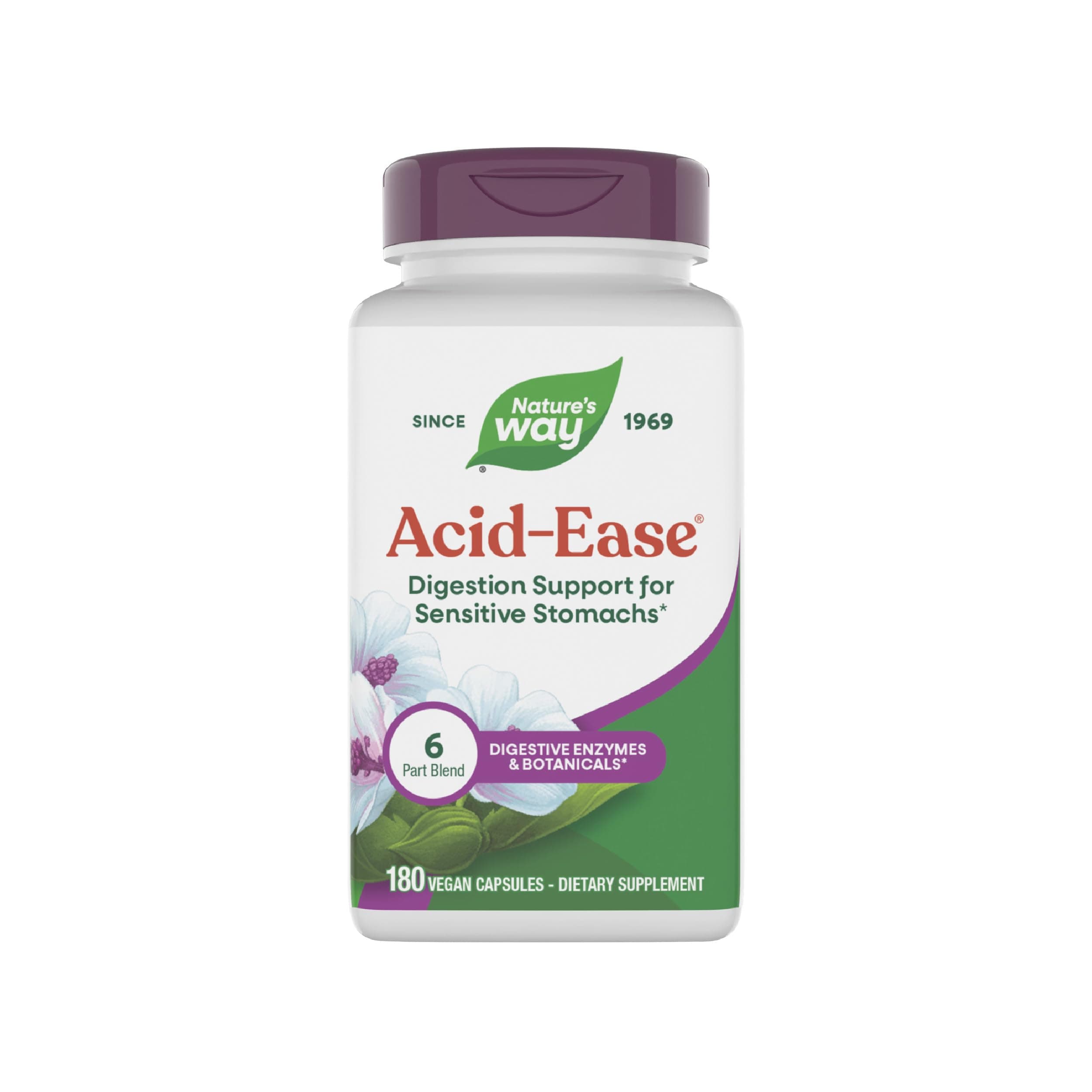 Nature's Way Acid Ease, Digestive Support Supplement for Sensitive Stomachs*, Marshmallow Root Extract, Slippery Elm Bark, Digestive Enzymes, 180 Vegan Capsules (Packaging May Vary)