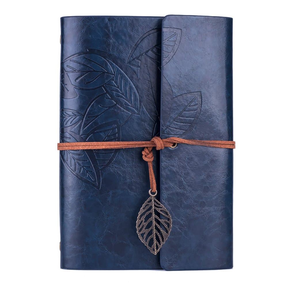 MODANA Leather Writing Journal Notebook,Refillable Sketchbook,Vintage Leaf Embossed Blank Diary,Classic Spiral Bound,Best Gift for Writers and Travelers, Men or Women (Blue, A6)