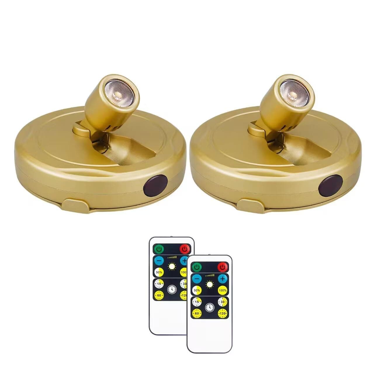 Arixinks - 2 Pack Battery Spotlight with Gold Remote, Wireless LED Painting Lights for Wall Art, Raised Lights for Plants, Indoor Art Display Light,