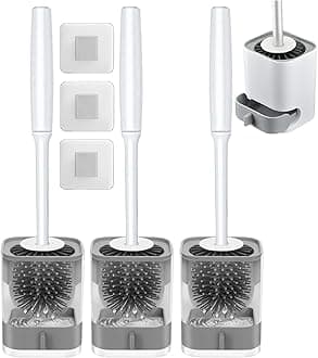 Pack of 3 Silicone Toilet Brush with Holder Stand, Bathroom Toilets Bowl Cleaning Brush with Non-Slip Long Handle Floor Standing Holder & Wall Mounted Without Drilling Quick Drying Holder Set