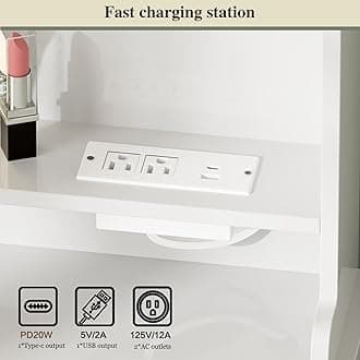 Makeup Vanity Desk with Mirror and Lights, Vanity Desk with 8 Drawers & Storage Shelves, Vanity Table with Power Outlet, 3 Color Modes & Adjustable Brightness Dressing Table, Bedroom,White