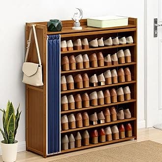 MUMOO BEAR Shoe Storage Cabinet Bamboo Wood Shoe Rack Shelf Stand Free Standing Shoe Organizer with Door Curtain for Entryway, Hallway, Cloakroom and Living Room (Brown)