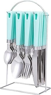 25 piece Stainless Steel Flatware Set with Hanging Caddy (Green, 25-Piece)