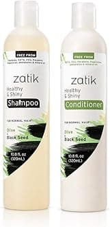 Zatik Naturals - Healthy & Shiny Shampoo + Conditioner set, with Olive and Black Seed, Voluminizing and Safe for Color Treated Hair - one of each 10.80 fl oz (packaging may vary)