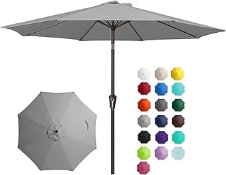 JEAREY 9FT Outdoor Patio Umbrella Outdoor Table Umbrella with Push Button Tilt and Crank, Market Umbrella 8 Sturdy Ribs UV Protection Waterproof for Garden, Deck, Backyard, Pool (Light Gray)