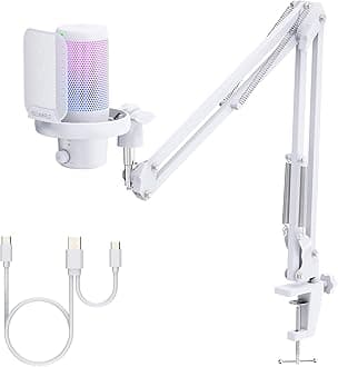 Feelworld VM1 USB Gaming Microphone with Cantilever Stand for Recording Podcasts, Video Games, Studio PC Microphone,White with Cardioid Pointing, RGB Lighting,Anti-Spray Mesh