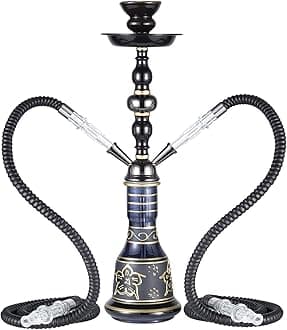 20" Hookah Set 2 Hose Premium Shisha Kit With Glass Vase, Ceramic Bowl And Coal Tongs Ashtray For Better Narguile Smoking (Black)