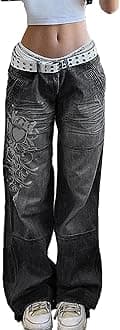Xineicy Women's Low Rise Heart Pattern Baggy Jeans Washed Wide Leg Denim Cargo Pants