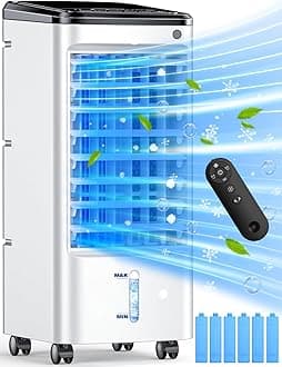 Evaporative Air Cooler, Swamp Cooler Air Conditioner w/ 12H Timer for Auto-off, 6 Upgraded Ice Packs, 3-Speed Windowless Air Conditioner, Smart Remote, Dual Tank Portable Air Cooler for Room