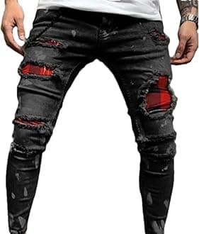 Men's Jeans Trousers Ripped Trendy Mid-Waist Patch Stretch Stitching Straight Fashion Comfortable Casual Versatile Handsome