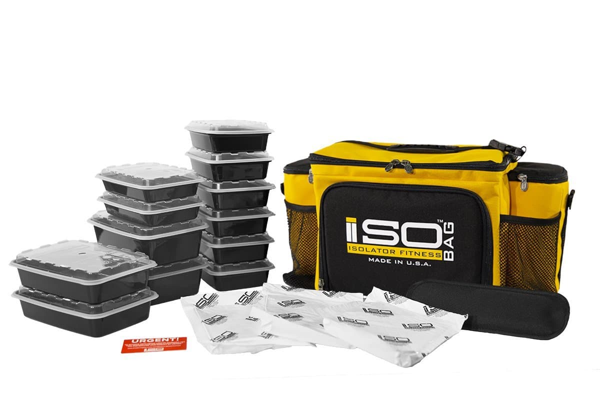 Meal Prep Lunch Box ISOBAG - Large Insulated 6 Meal Prep Bag/Cooler With 12 Containers, 3 Ice Packs & Shoulder Strap (Gold/Black Accent) - MADE IN USA