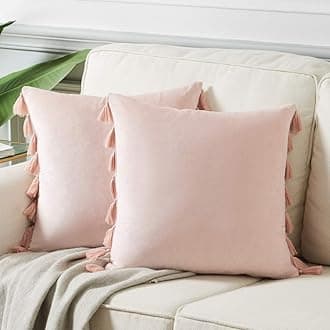 Fancy Homi Pack of 2 Cute Decorative Throw Pillow Covers with Handmade Tassels, Soft Velvet Peach Solid Square Cushion Case Set for Couch Sofa Bedroom Car Living Room (20x20 Inch/50x50 cm, Blush Pink)