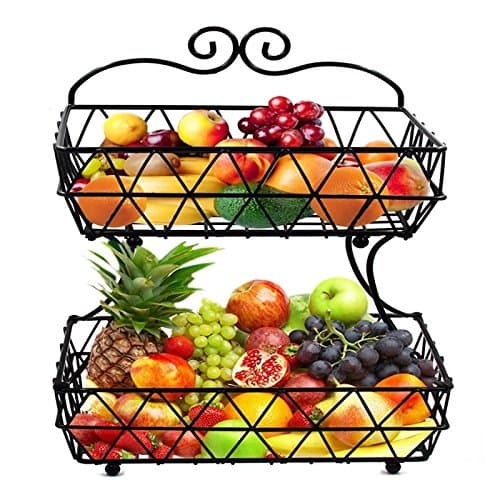 Hodleys 2 Tier Removable Metal Fruit Basket Stand Wire Bread Fruit Storage Rack, Black