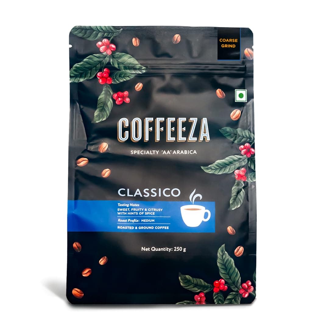 COFFEEZA Ground Coffee - Coarse Grind - Classico - 250g - Medium Roast 100% Arabica Ground Coffee Powder