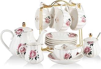 Porcelain Tea Sets British Royal Series, 8 OZ Cups & Saucer Service for 6, with Teapot Sugar Bowl Cream Pitcher Teaspoons and Tea Strainer, Suitable for High Tea, Wedding, Party