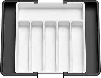Lifewit Extendable Cutlery Drawer Organiser, Adjustable Cutlery Tray, Plastic Adjustable Kitchen Storage Dividers for Utensil Spoons Forks Knives, 8 Compartments, 33-57 x 38cm, White& Black