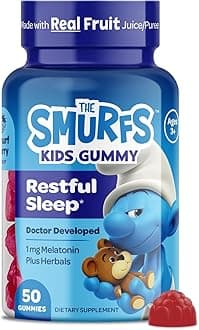 The Smurfs 1mg Melatonin Gummies for Kids with Chamomile & Lemon Balm for a Restful Sleep Age 3+ | Non-Habit Forming | Made with Real Fruit in a Smurf Berry | Doctor Developed | 50 Vegetarian Gummy