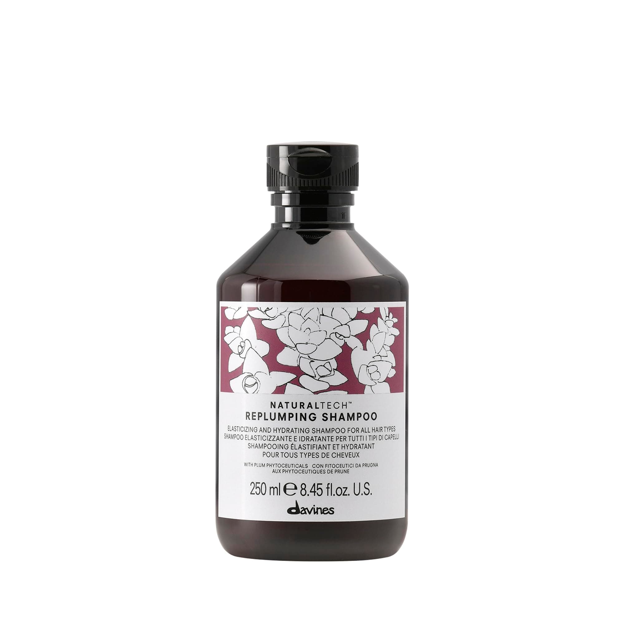 Davines Naturaltech Replumping Shampoo, Moisturizing for Fine Hair Lacking Elasticity - With Plum Phytoceuticals - Gentle Cleanser Adds Elasticity, 8.45 Fl Oz