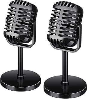 2 Pack Retro Microphone Props Model Vintage Stage Table Decor Plastic Fake Microphone Antique Decor Stand Costume Prop for Party Toy(Black,Classic)