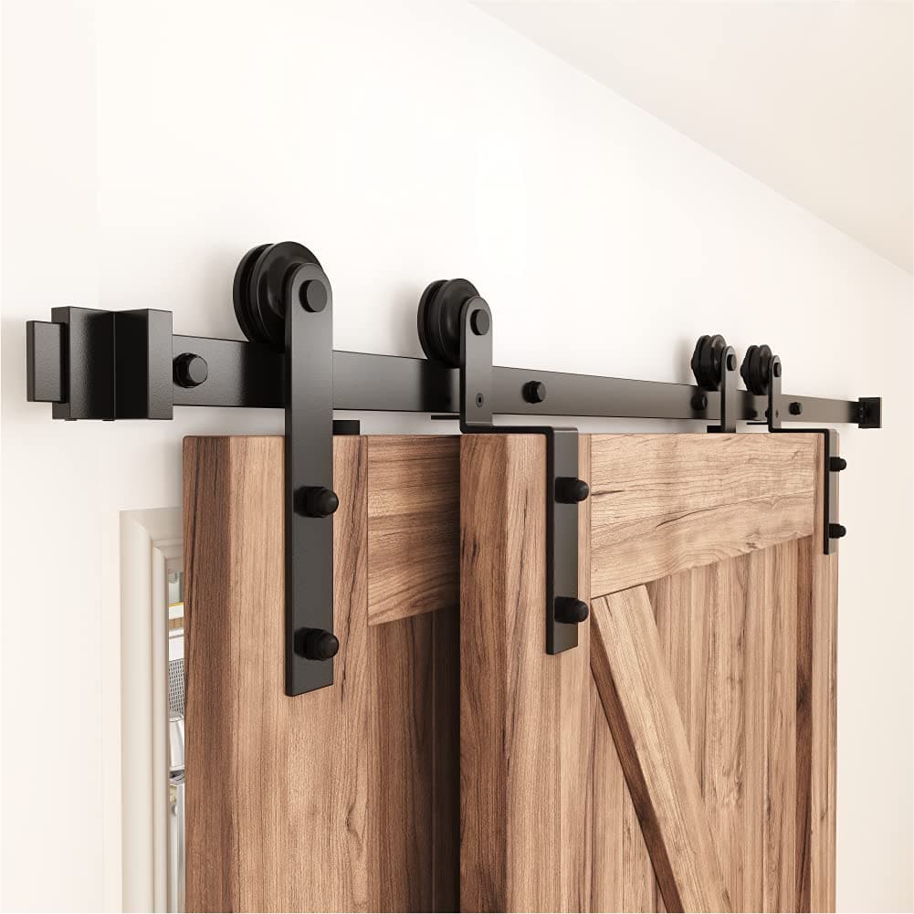 ZEKOO 7FT Single Track Bypass Sliding Barn Door Hardware Kit for Double Doors, Barn Door Bypass Hardware Kit, Flat Track Roller, Low Ceiling (I Shape Hanger)