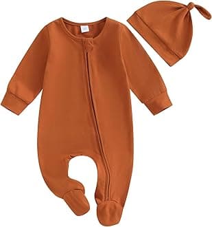 Newborn Baby Girl Boy Clothes Infant Long Sleeve Soild Footed Romper Zipper Footie Jumpsuit With Hat Fall Outfit