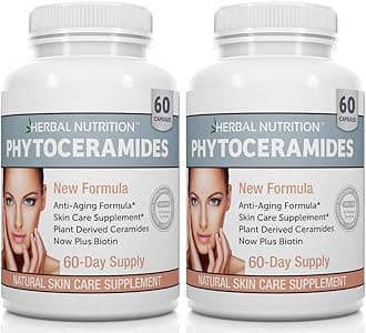 Phytoceramides Rice Based with Biotin Anti Aging Supplement, Wrinkle Remover and Facial Moisturizing with Phytoceramides Vitamin A, C, D and E, Two Bottle Pack, 120 Capsules 40mg, Gluten Free