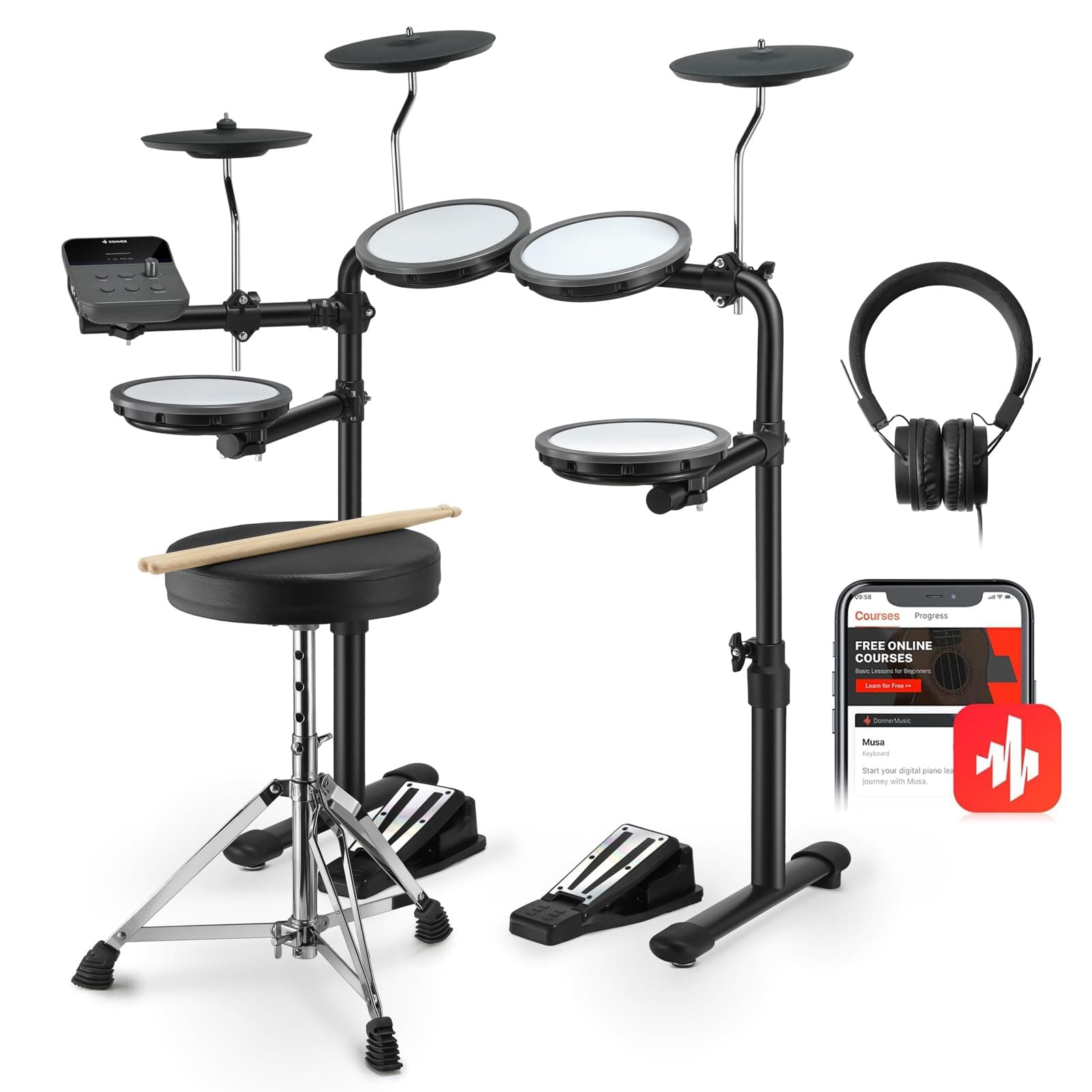 DED-70 Electric Drum Set with 4 Quiet Mesh Drum Pads, 2 Switch Pedal, Portable and Solid Drum Set with Type-C Charging, 68+ Sounds, Throne, Headphones, Sticks, Melodics Lessons