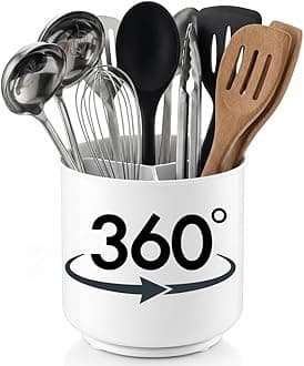 Extra Large and Sturdy White Rotating Utensil Holder with No-Tip Weighted Base, Removable Divider, and Gripped Insert | Rust Proof and Dishwasher Safe Kitchen Utensils Holder and Cutlery Holder