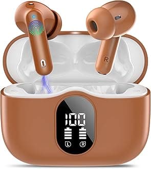Wireless Earbuds, Bluetooth 5.4 Headphones Bass Stereo, Ear Buds with Noise Cancelling Mic, IP7 Waterproof in Ear Earphones, 36H LED Display Bluetooth Earbuds for Laptop Pad Phones Sports, Brown