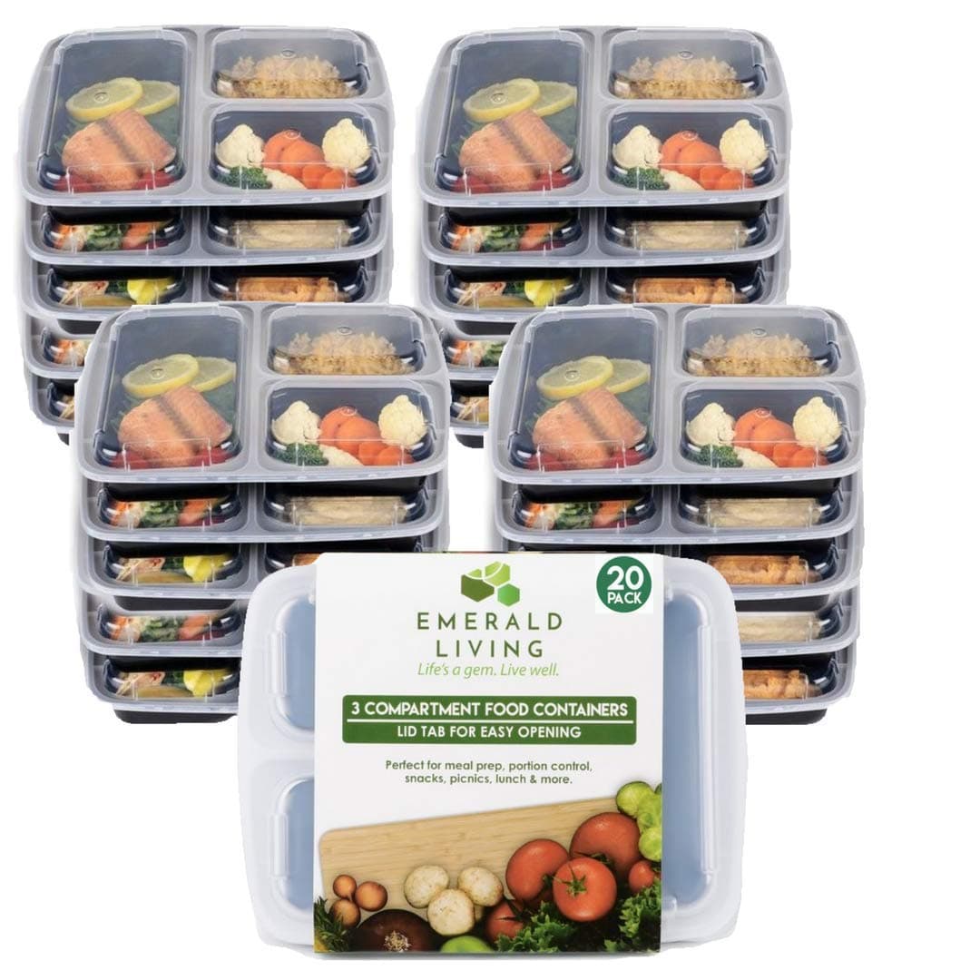 Premium 3 Compartment BPA Free Meal Prep Containers. Reusable Plastic Food Containers with Lids. Stackable, Microwavable, Freezer & Dishwasher Safe Bento Lunch Box Set. 1L.10 Pack