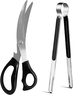 Kitchen Scissors, Korean Barbecue Scissors and Tongs Set,Kitchen Sheras for Meat Cutting, Chicken, Vegetables,Stainless Steel Non-slip Serrated Sharp BBQ Multipurpose Kitchen Sheras Tongs