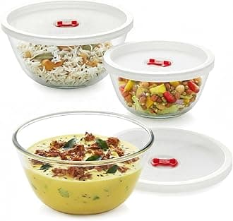 Borosil 750ml + 1 L + 1.5L (3pc) Serving & Mixing Bowl Set | Made in India Borosilicate Glass Bowl for Kitchen & Dinning | Bowl for Mixing Dough, Salad, Batter | Microwave & Dishwasher Safe | Clear
