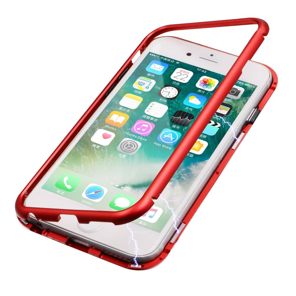 Compatible iPhone 7 Case,iPhone 8 Case,Ultra Slim Magnetic Adsorption Metal Case, Hard Clear Tempered Glass Back Cover Support Wireless Charging Compatible iPhone 7/8 (4.7 inch) (Clear Red)