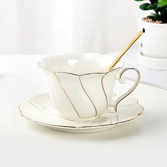 FUNLIO DUJUST Porcelain Tea Cup & Saucer Set, Luxury British Style, Golden Trim, Perfect for Living Room Decoration & Tea Party, Includes Tea Spoon