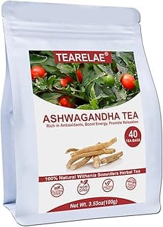 TEARELAE - Ashwagandha Tea Bags - 2.5g x 40 Count - Sourced From India - Premium Natural Cut & Sifted Pure Indian Ginseng Root - Non-GMO - Caffeine-free - Rich in Antioxidants & Boost energy