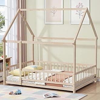 LLS Full Size House Bed with Fence, Wooden Montessori Bed with Roof Design, Floor Bed Frame for Boys Girls Bedroom, Natural