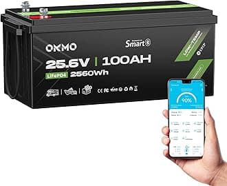 OKMO 24V 100Ah LiFePO4 Lithium Battery 2560Wh with Bluetooth for Marine, Trolling Motor, RV, 10 Years 15000+ Deep Cycles, 25.6V Iron Phosphate for Home Solar Energy Storage Off-Grid