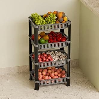Kitchen Racks Plastic, Vegetable Basket Stand, Plastic Rack Office, Fruits Onion Stand for Kitchen (Grey Color, 4 Layer)