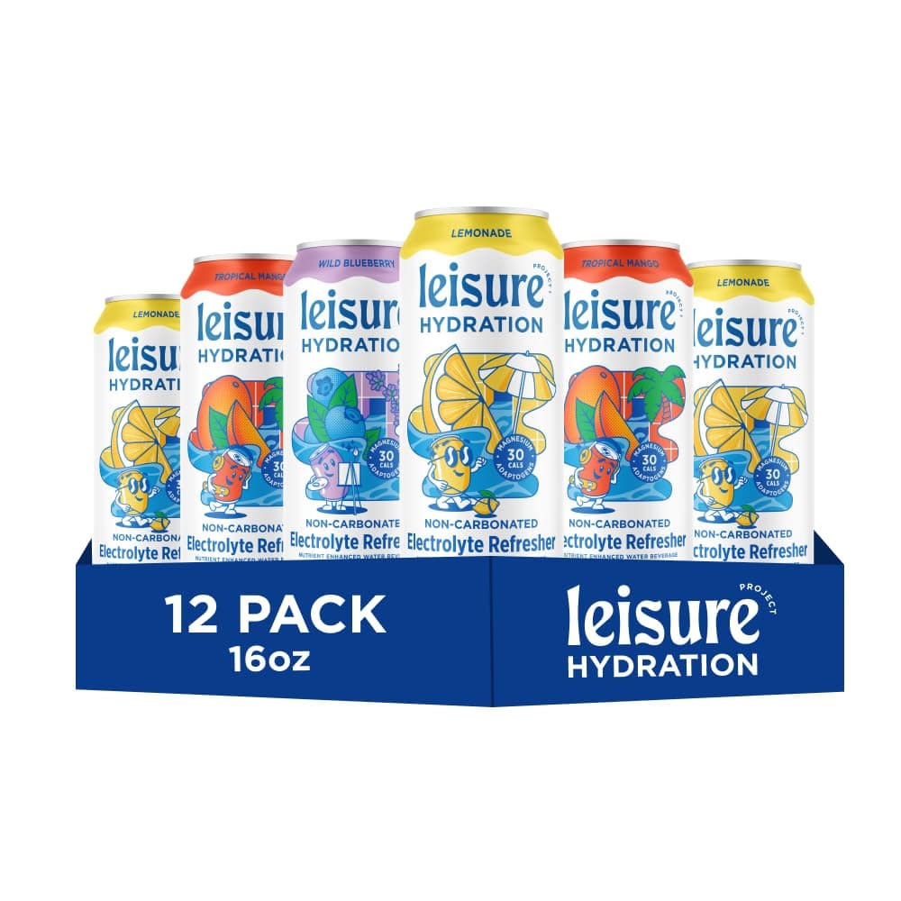 - Leisure Hydration Non-Carbonated Electrolyte Refresher, Variety Pack - Low Sugar Nutrient Enhanced Water Beverage - Get The Best Hydration Packed w/ Magnesium & Ashwagandha For Mood & Stress Support, Non-GMO, 16 oz (12-Cans)